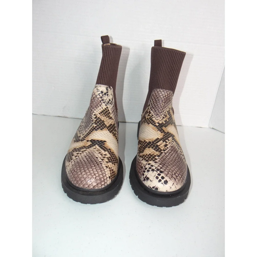 Snakeskin Print Chelsea Sock Boots Brown Tan Lug‎ Sole Ankle Booties Mens 3255